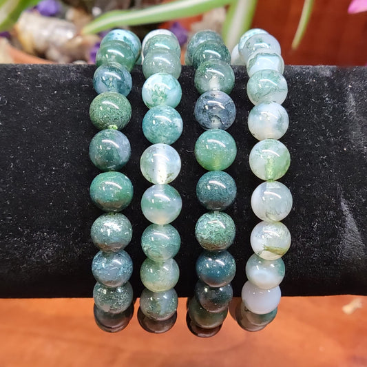 Moss Agate Stretch Bead Bracelets - Rock Bottom Jewelry & Engraving
