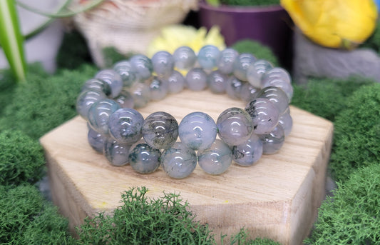 Moss Agate Stretch Bead Bracelets - Rock Bottom Jewelry & Engraving