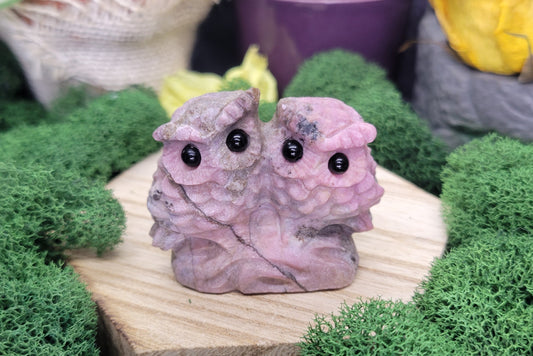 Rhodonite Double Owl Carving - Rock Bottom Jewelry & Engraving