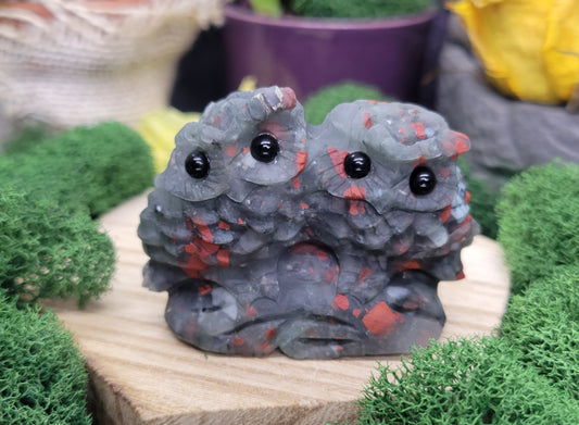 African Bloodstone Double Owl Carving - Rock Bottom Jewelry & Engraving